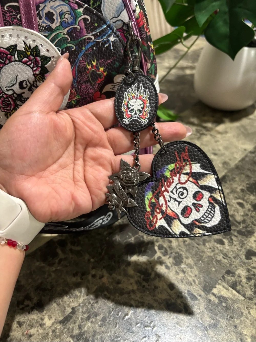 Ed Hardy Black Floral Skull Mini Backpack with Pink Accents